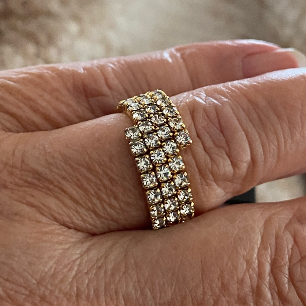 Three Rows Rhinestone Crystal Tennis Stretch Band Ring - Picture 6 of 12